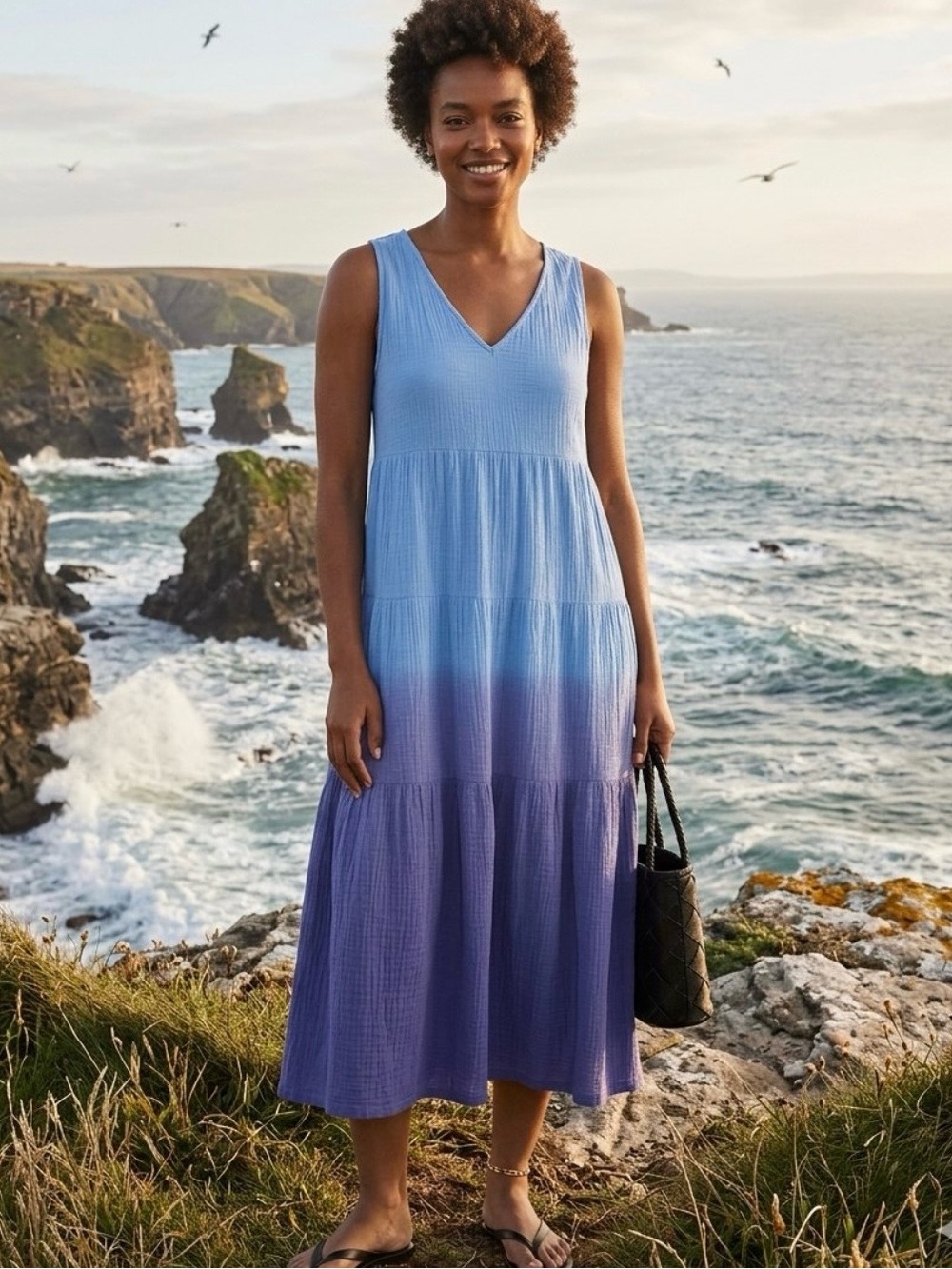 NWT Marine Layer Corinne Maxi Dress L Large Sapphire Dip Dye Blue Ombre Cotton